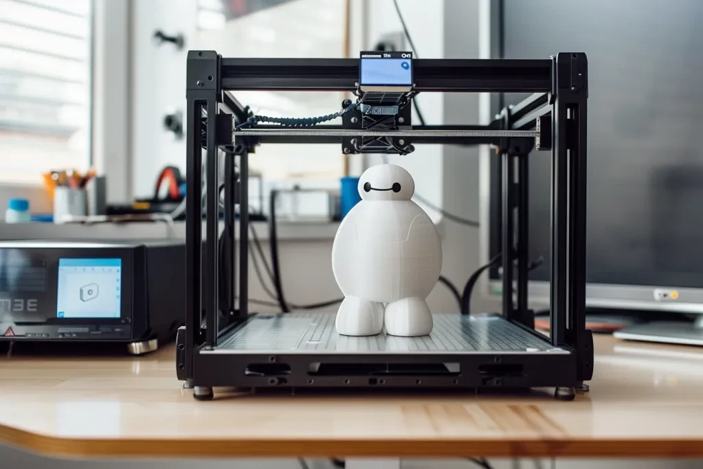 Printer 3d cre dealy, dengan baymax dari karakter kartun pahlawan besar berdiri di depan meja pencetakan