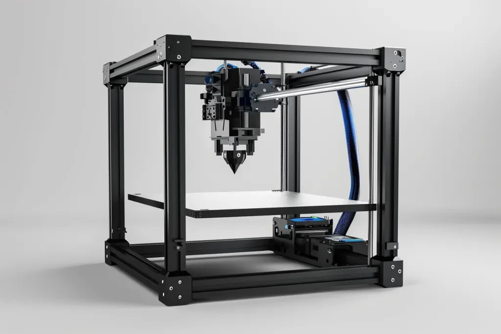 3d printer, square frame with glass cover and front facing, white background, large black body, blue controller on the side, single light grey line in middle of screen