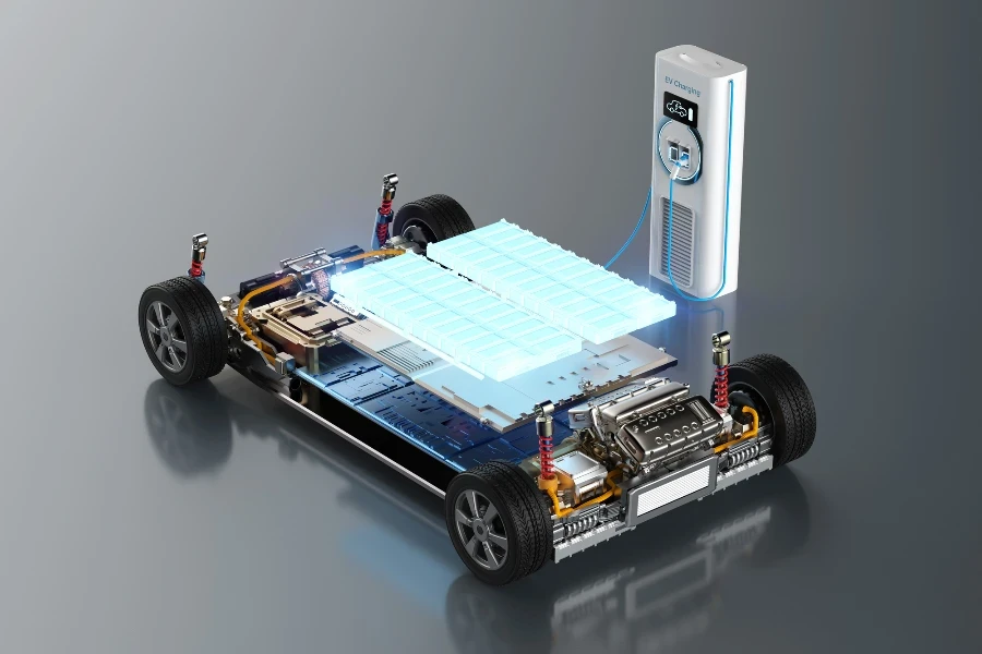 3D-Rendering eines Elektroauto-Akkusteckers mit Ladestation für Elektrofahrzeuge