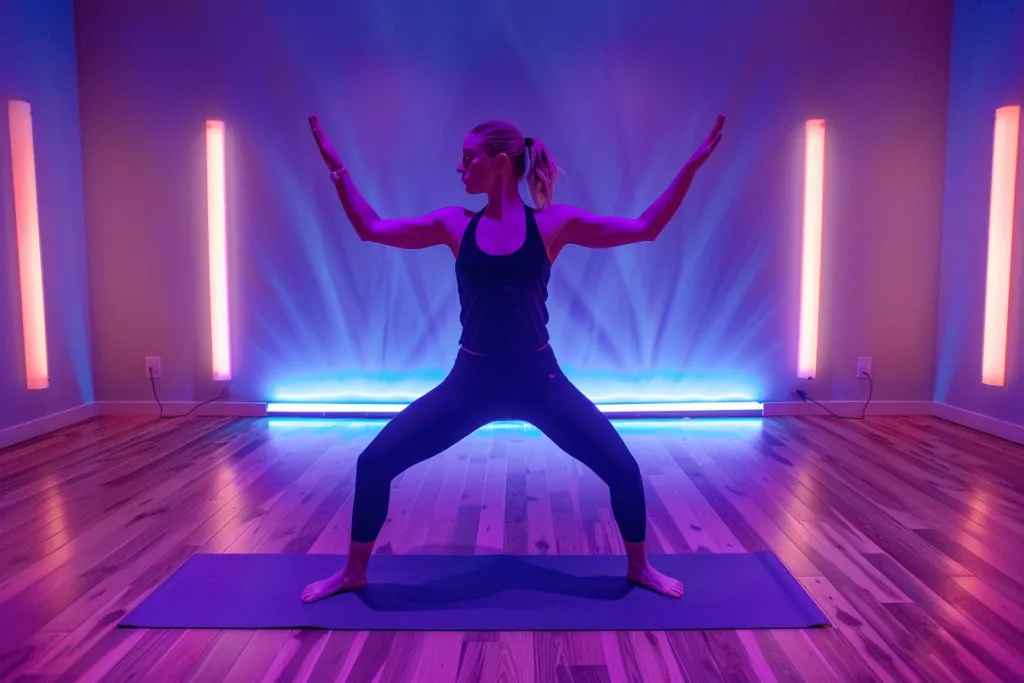 A yoga teacher is demonstrating the warrior pose on an empty stage