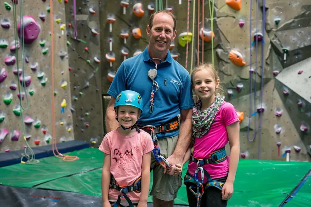 Una famiglia di quattro persone è alla parete da arrampicata