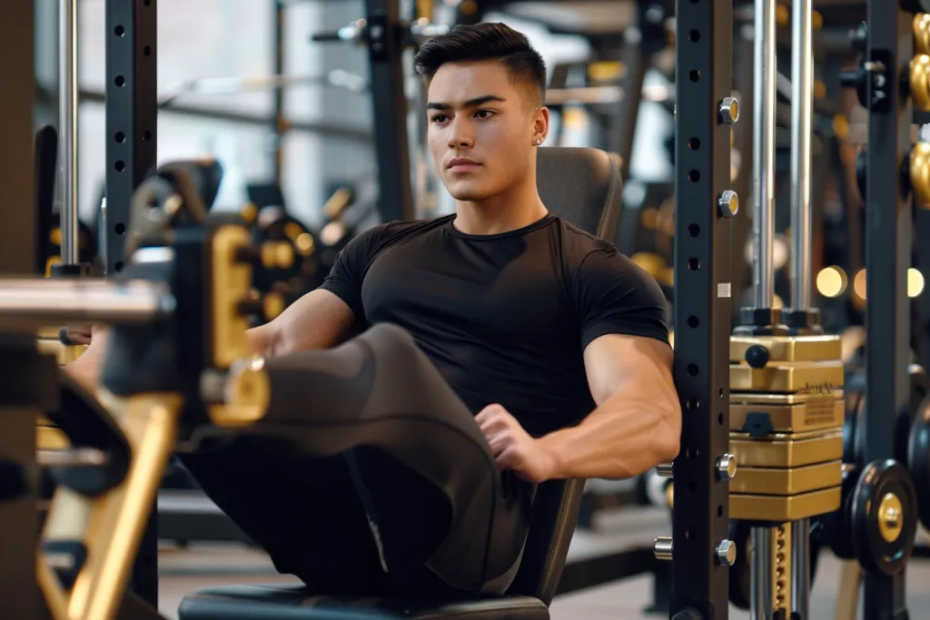 Ein hübscher Latino-Mann in schwarzem Hemd und Hose sitzt auf einer Beinpresse im Fitnessstudio