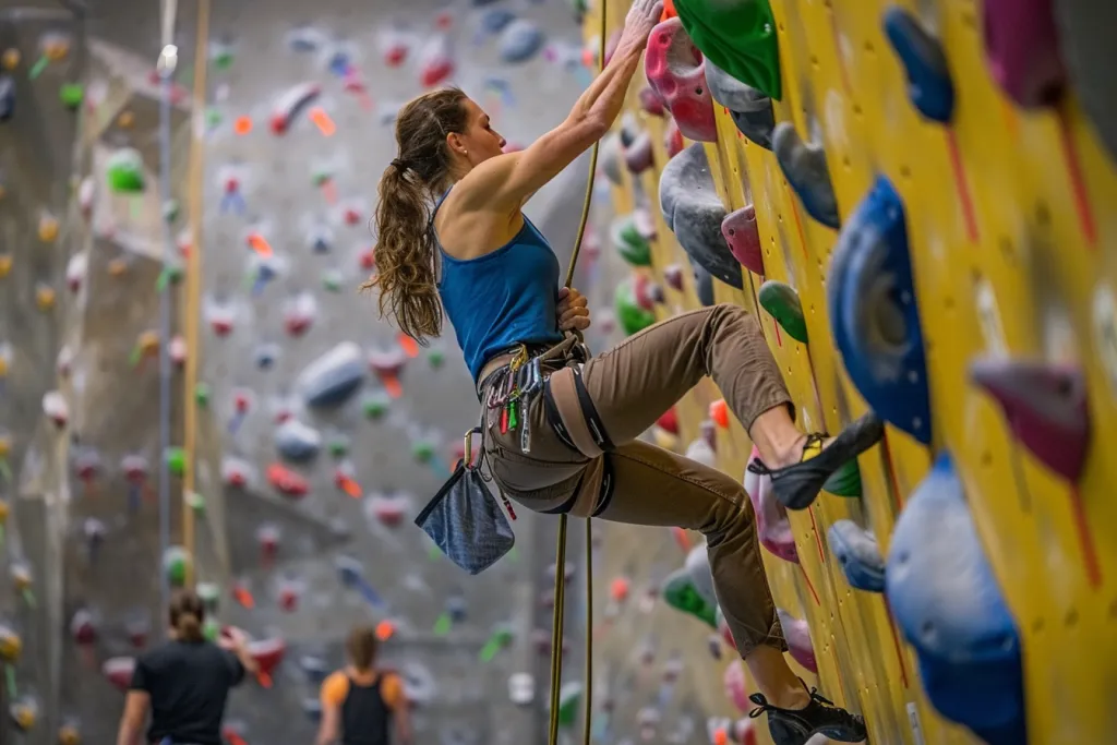 a woman is climbing on the bouldering wall