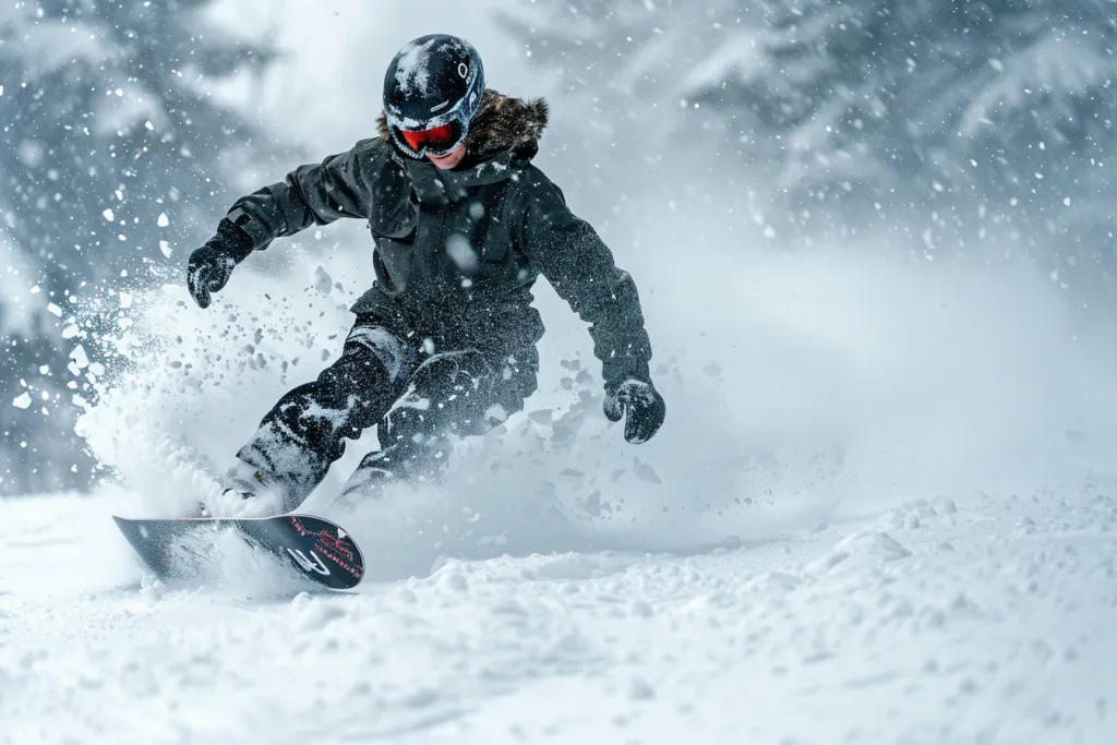 Seorang snowboarder berjaket gelap dan celana hitam, dengan helm dan kacamata di kepala sedang menuruni bukit di resor ski