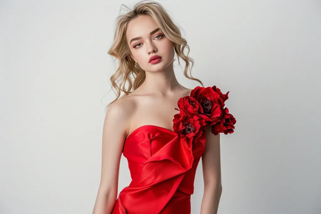 A beautiful blonde woman wearing an elegant red short dress