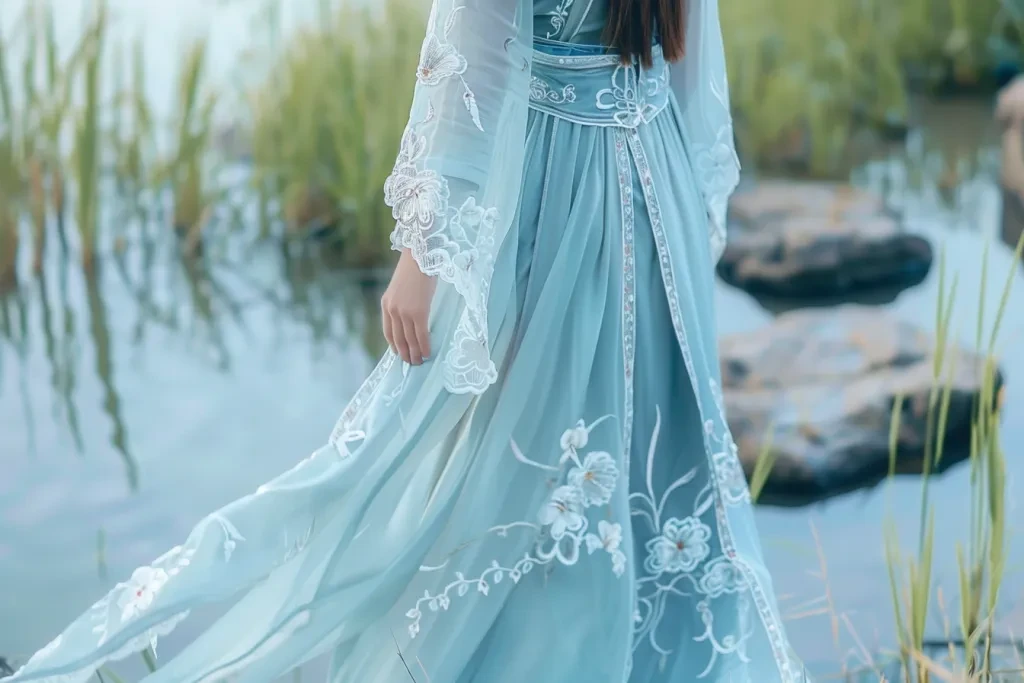 Una bella ragazza che indossa un hanfu azzurro ricamato