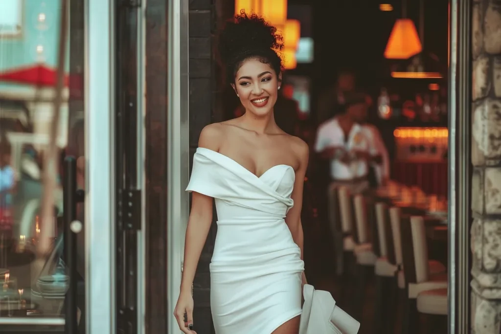 A beautiful woman in a white one-shoulder dres