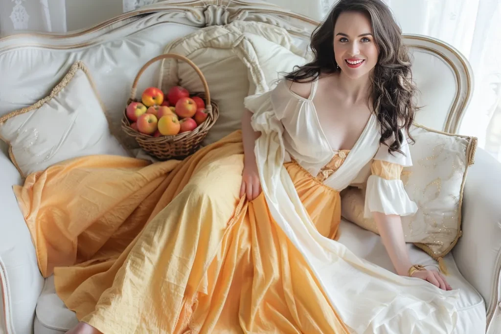 A beautiful woman in her thirties, smiling and twirling on the sofa