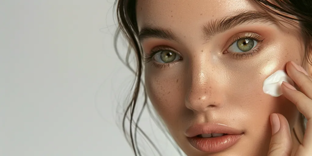 A beautiful woman is applying cream on her face in a close-up of the skin and eye area