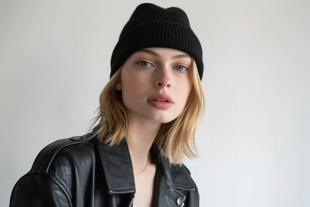 A black beanie hat is displayed with the model wearing it