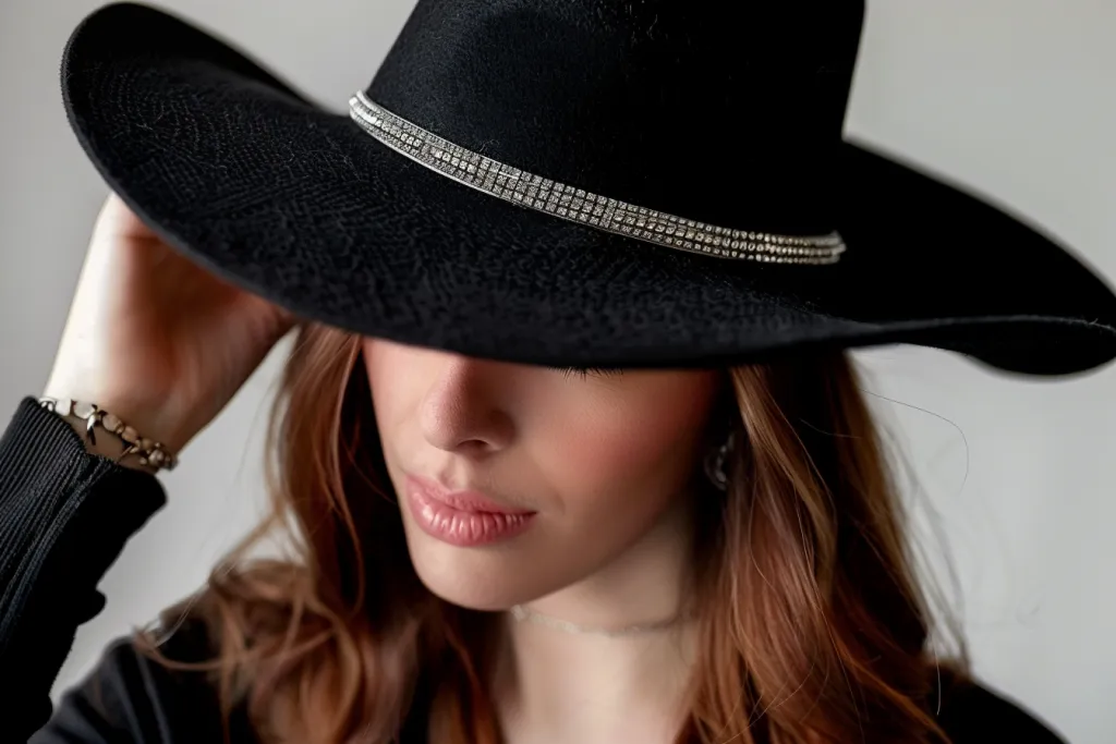 Un sombrero de vaquero de fieltro negro con una banda plateada.