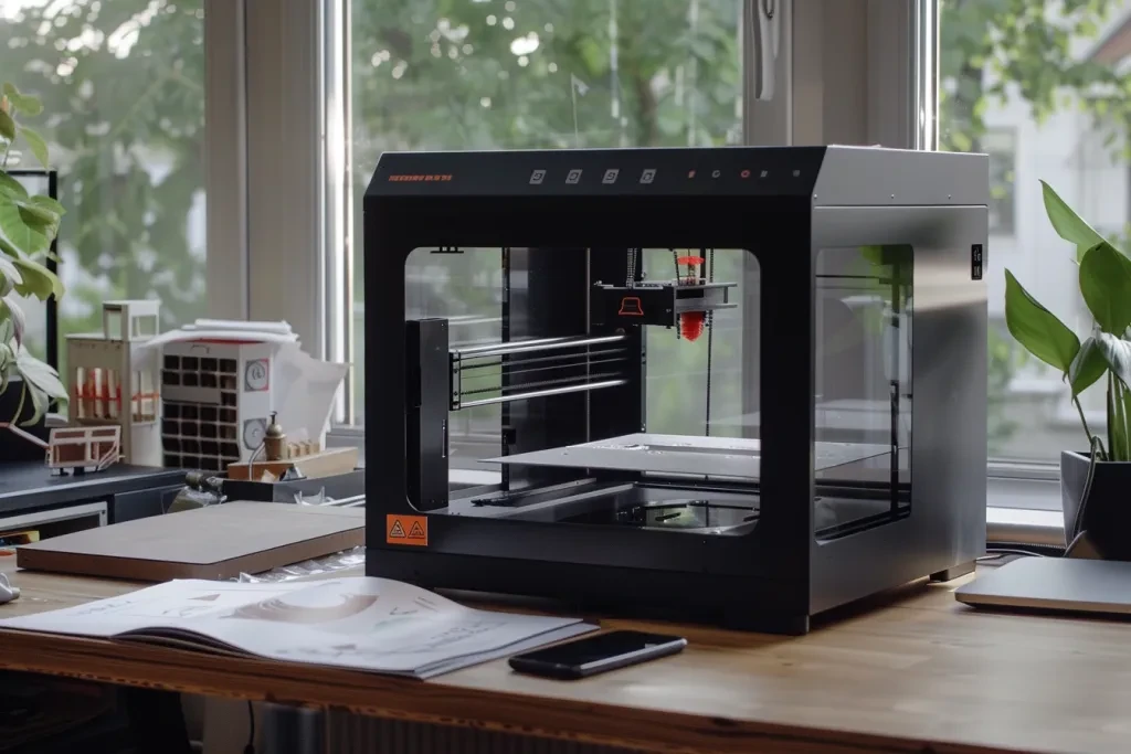 A black resin 3D printer with a large glass top and open double tray on the table, an unboxing kit lying next to it