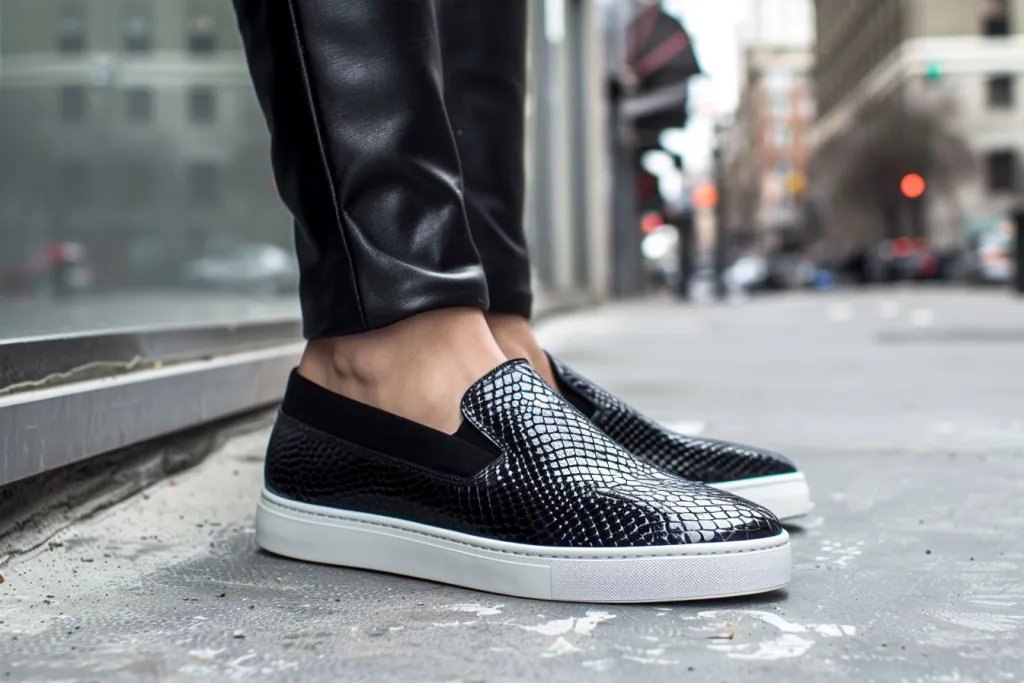 Una sneaker slip-on in pelle di serpente nera