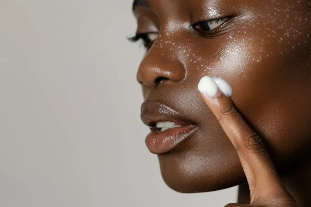 A black woman applying cream to her face