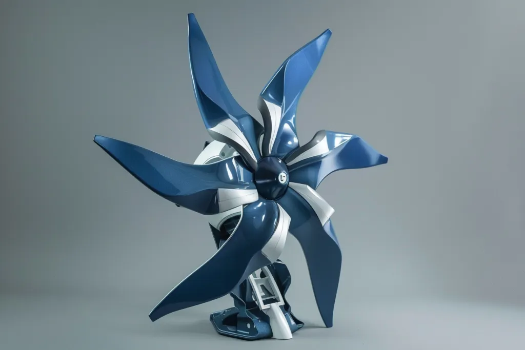 Una turbina eólica azul y plateada con un diseño abstracto.