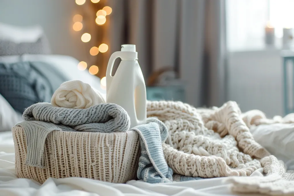 Une bouteille de détergent et des pulls tricotés dans un récipient sur le lit à la maison