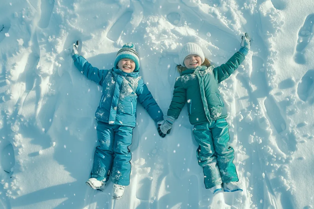 A boy and girl in blue ski overalls with green pants
