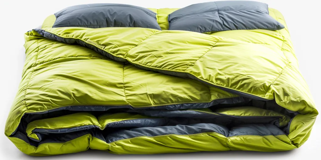 A bright lime green sleeping bag