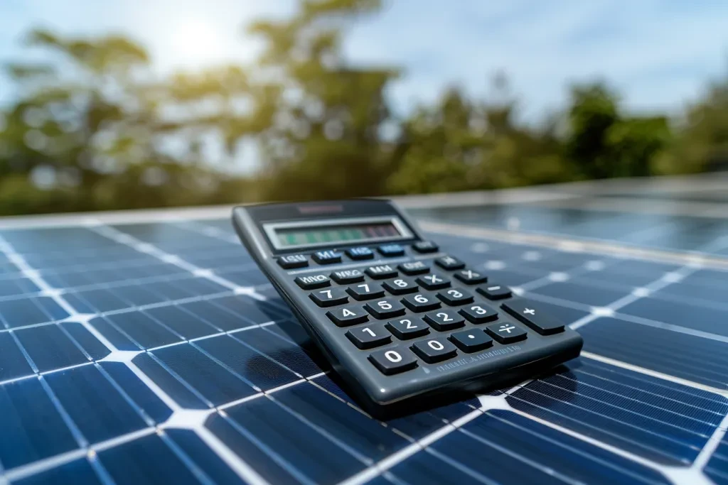 Une calculatrice placée au-dessus des panneaux solaires, gros plan en mettant l'accent sur le produit et l'arrière-plan flou