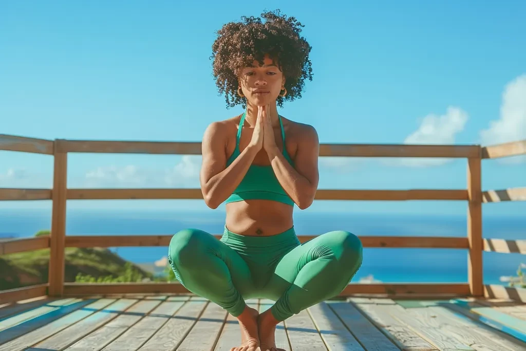 A charming girl in green yoga pants