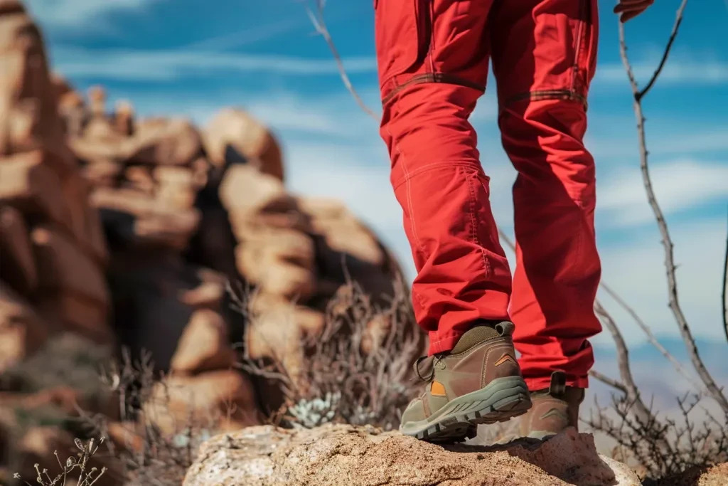 A close-up of the red cargo pants worn in the style of an outdoor explorer