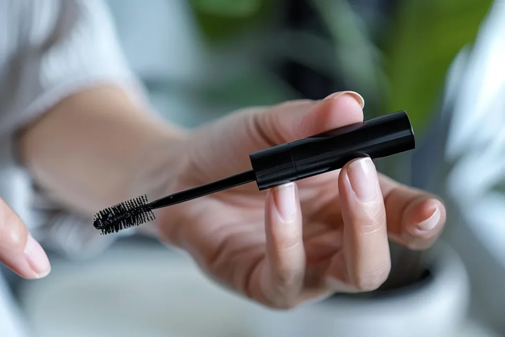 A closeup of hands holding and applying mascara