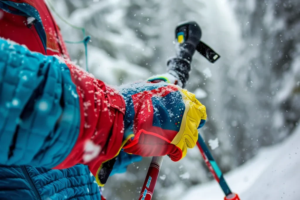 A closeup of hands holding cross country skis