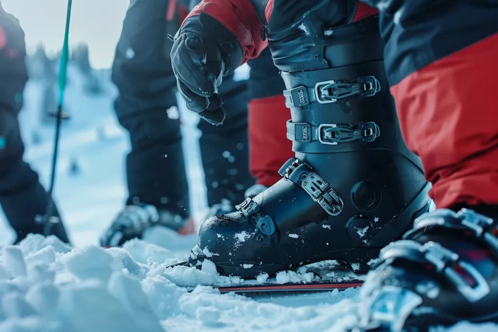 Eine Nahaufnahme von Snowboardern, die ihre Stiefel anziehen