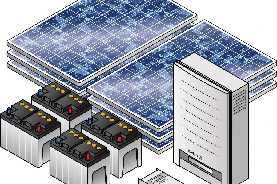 A domestic household off-grid solar power kit with polycrystalline solar panels, batteries, charging controller, and inverter