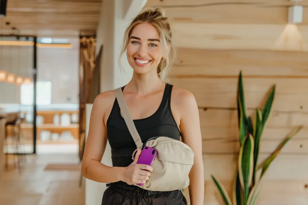 A fitness influencer woman is smiling at the camera