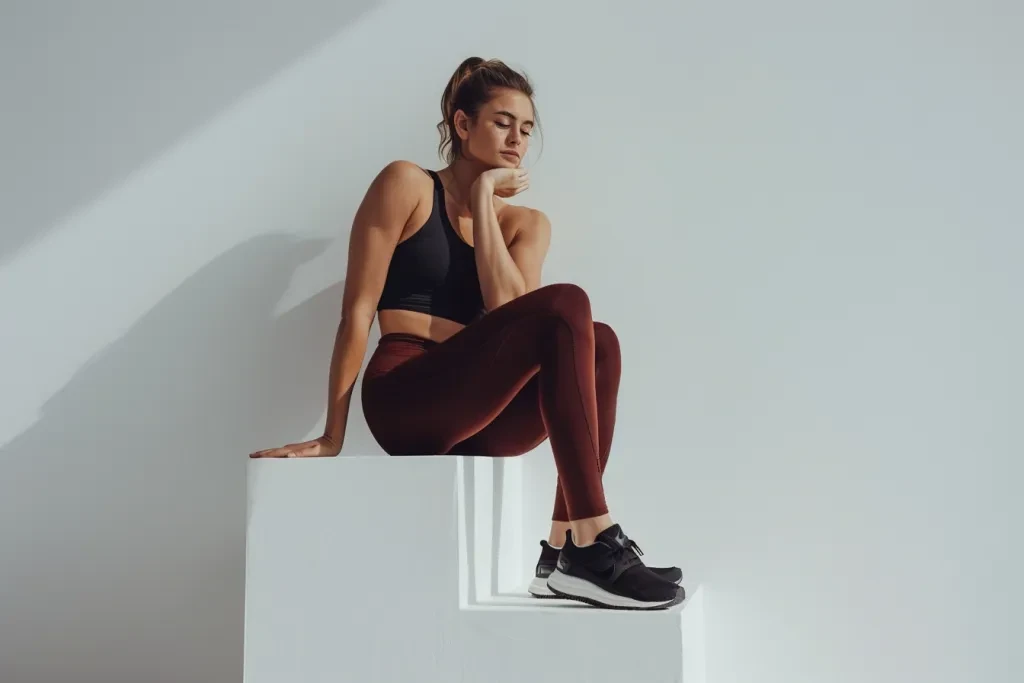 Una mujer fitness con leggings rojo oscuro y una camiseta sin mangas.