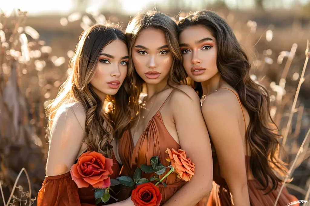 Una foto de cuerpo completo de tres hermosas mujeres con vestidos color óxido.