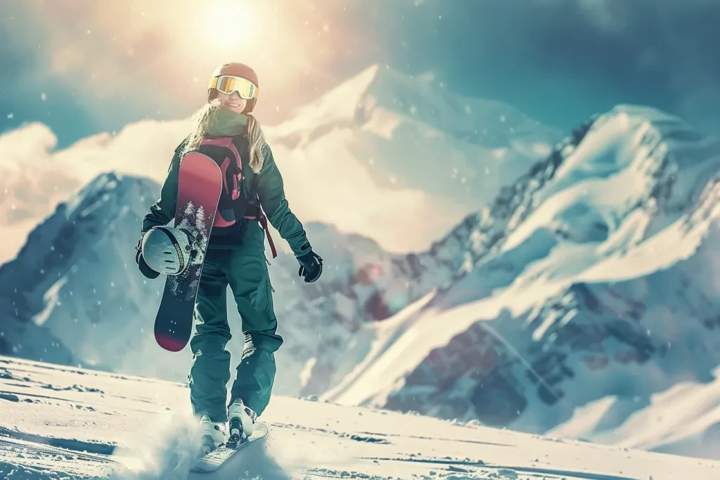 Una niña cargando su tabla de snowboard en la montaña.