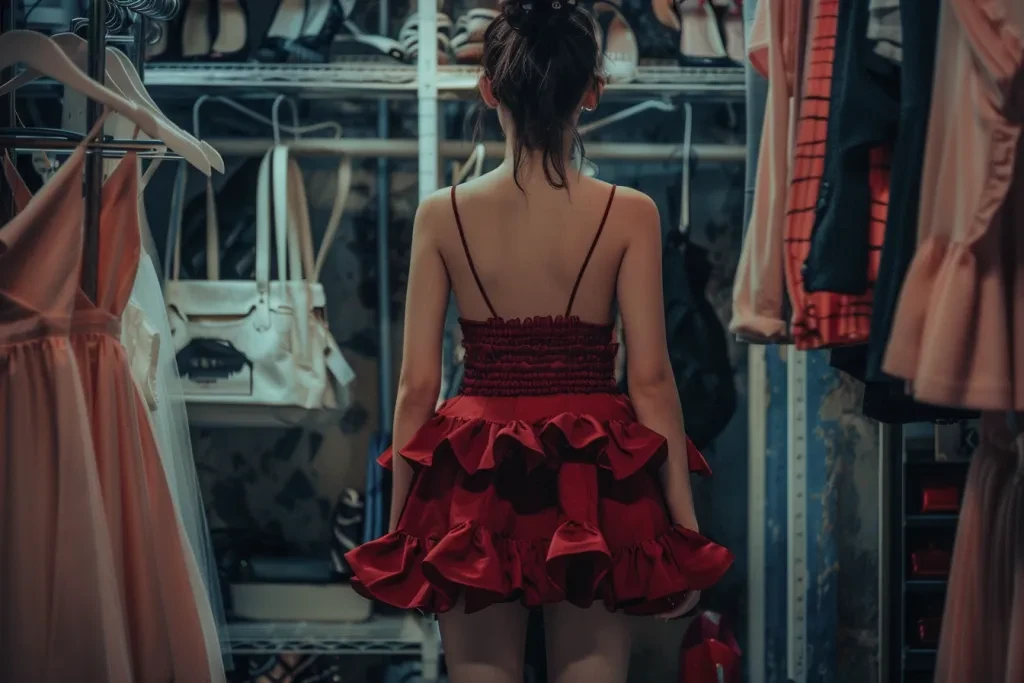 A girl wearing a dark red short dress