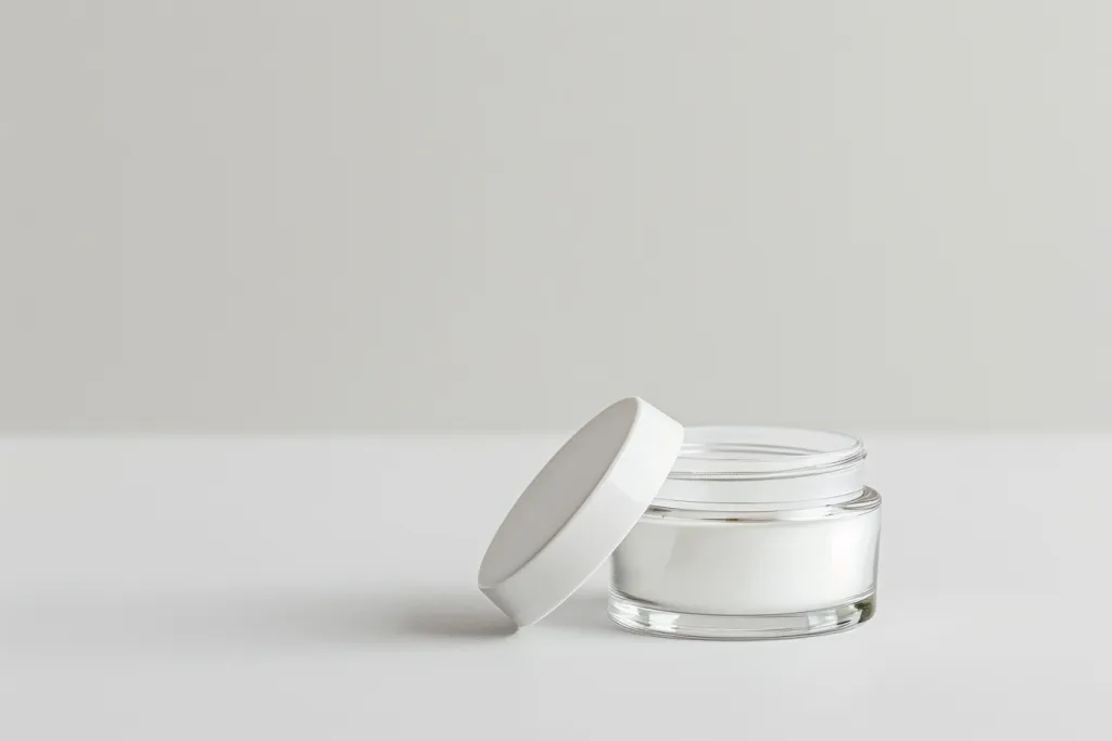 A glass jar of cream with a white lid is on the right side of the picture