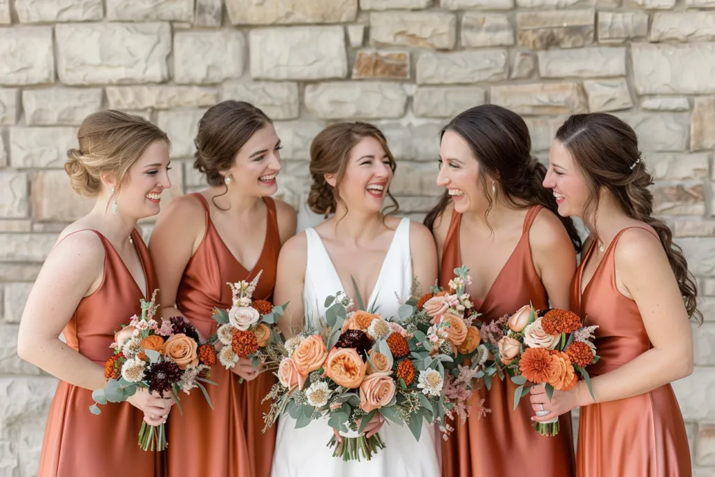 Группа счастливых женщин в длинных платьях цвета меди и ржавчины