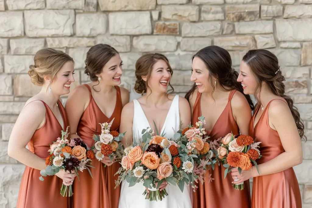 Un grupo de mujeres felices con vestidos largos color cobre y óxido.