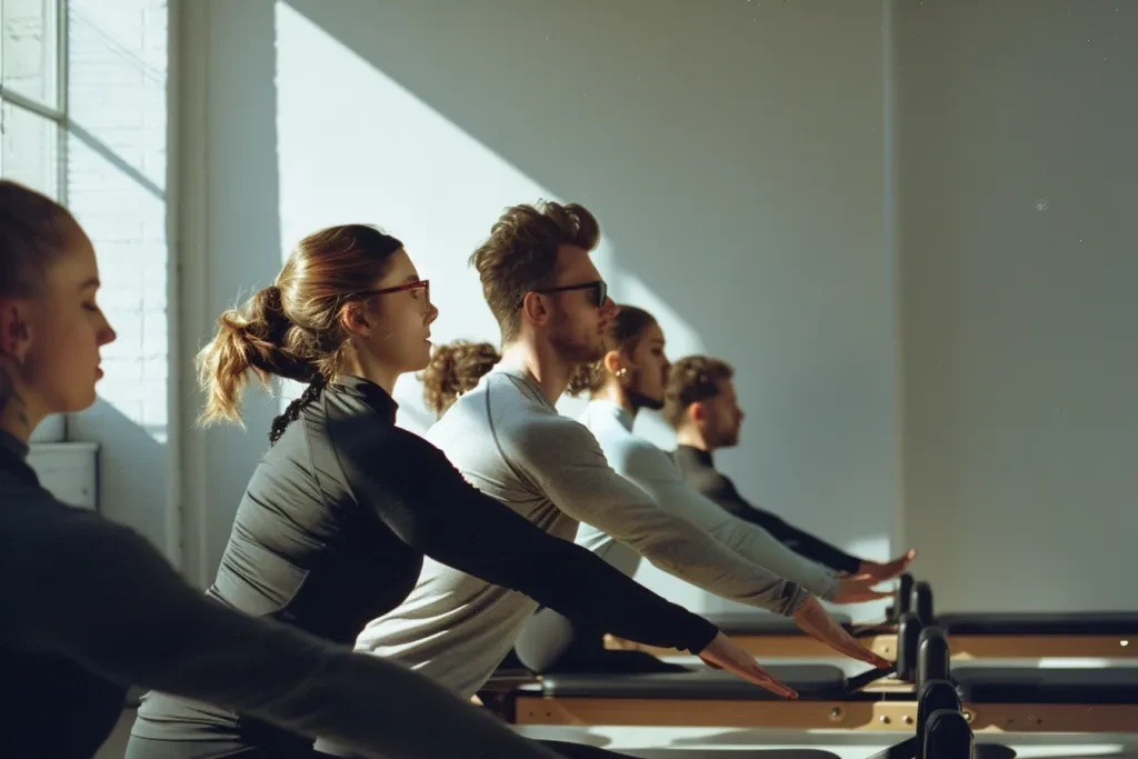 Sekelompok orang melakukan pilates pada reformer di sebuah studio yang elegan