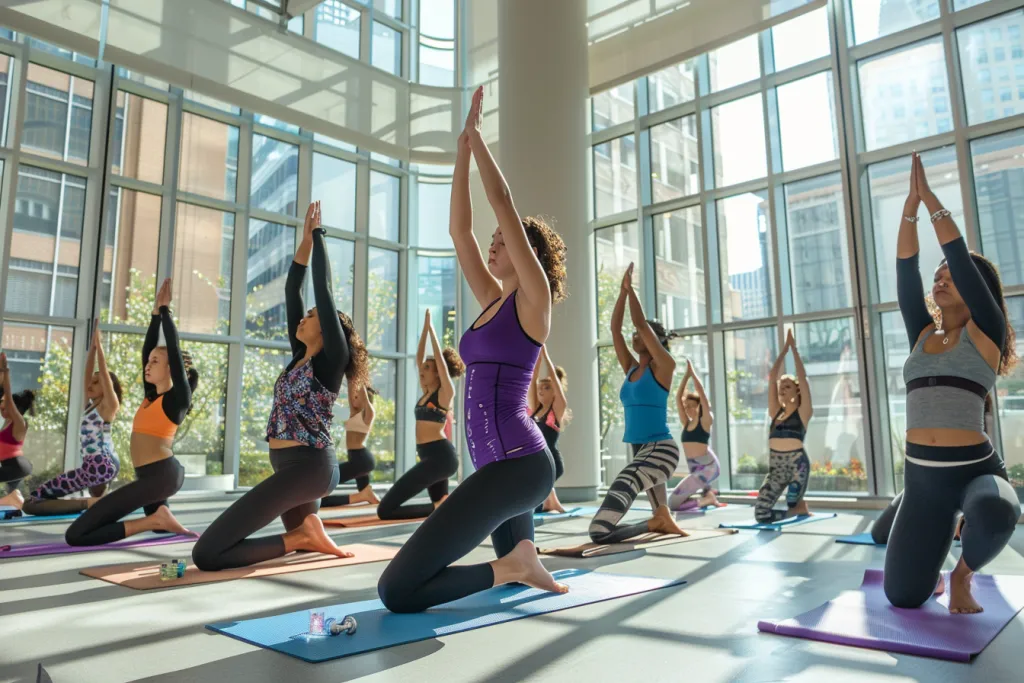Eine Gruppe junger Leute machte Yoga im Fitnessstudio