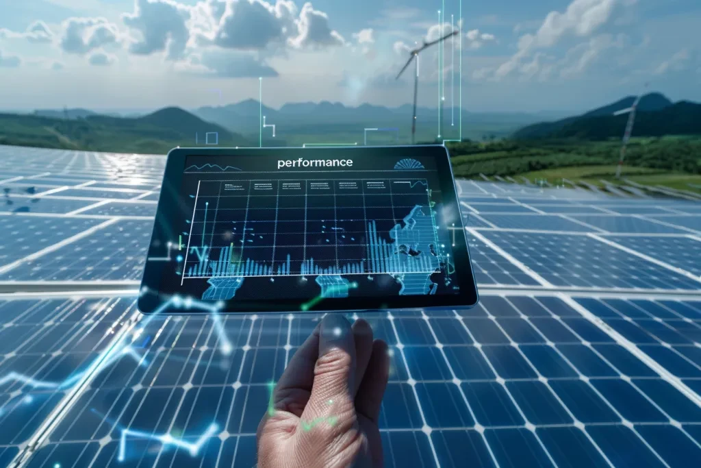 A hand holding a digital display with a solar farm in the background, a blue sky and green mountains.