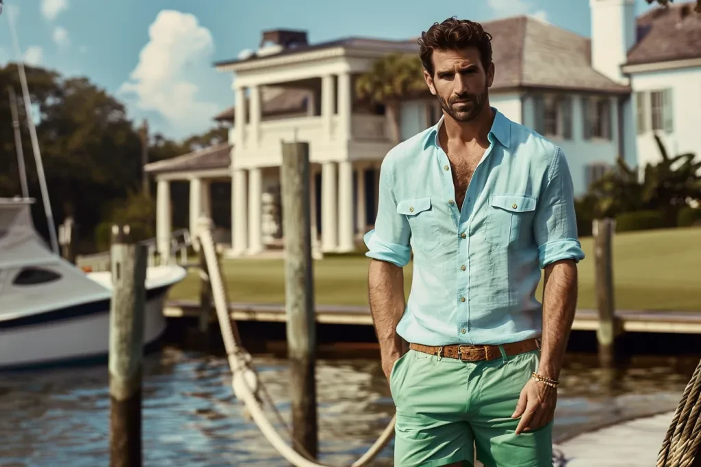 A handsome man in a blue shirt and green shorts