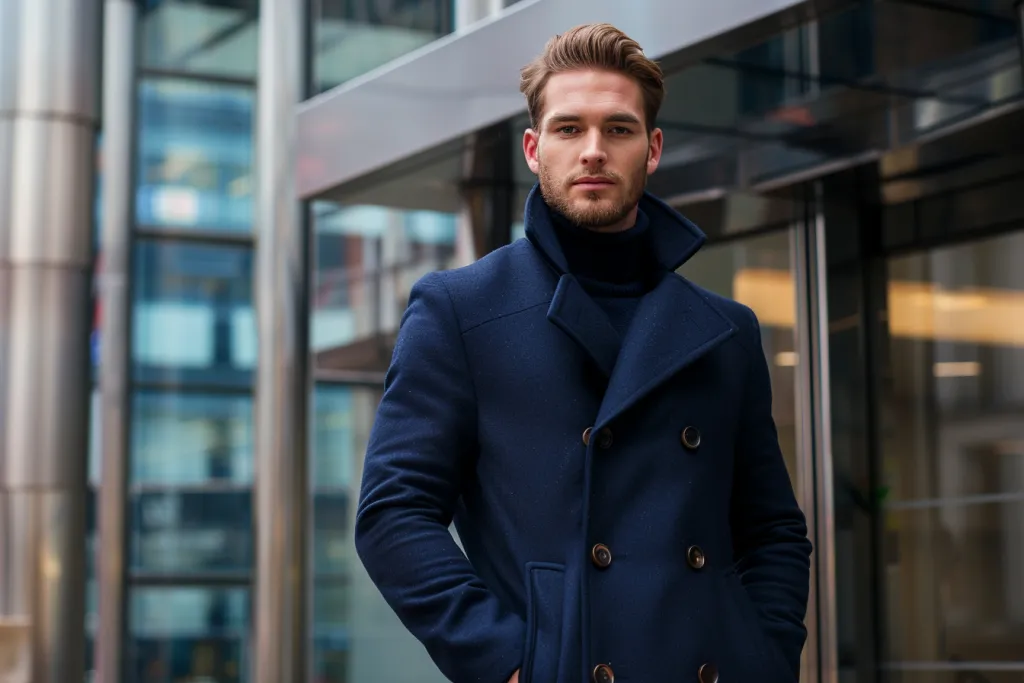 Um homem bonito vestindo um casaco de lã azul marinho