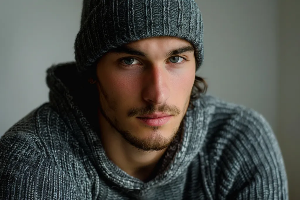 A handsome man wearing a plain gray beanie in the style of a crochet pattern
