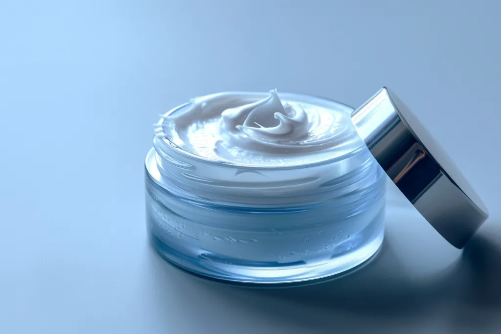 A jar of white cream with blue highlights