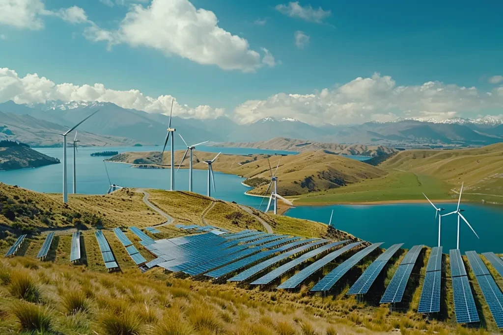 A landscape of solar panels and wind turbines on green grass near a lake with a blue sky in New Zealand