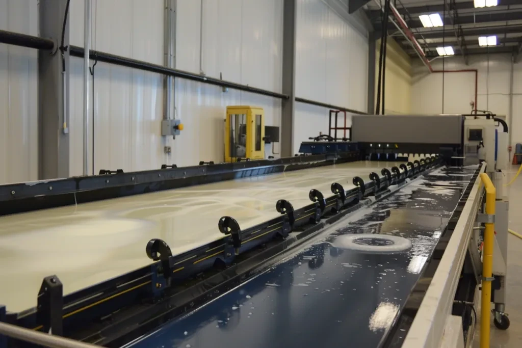 A large paper production line with blue matte fly-igh paper stock