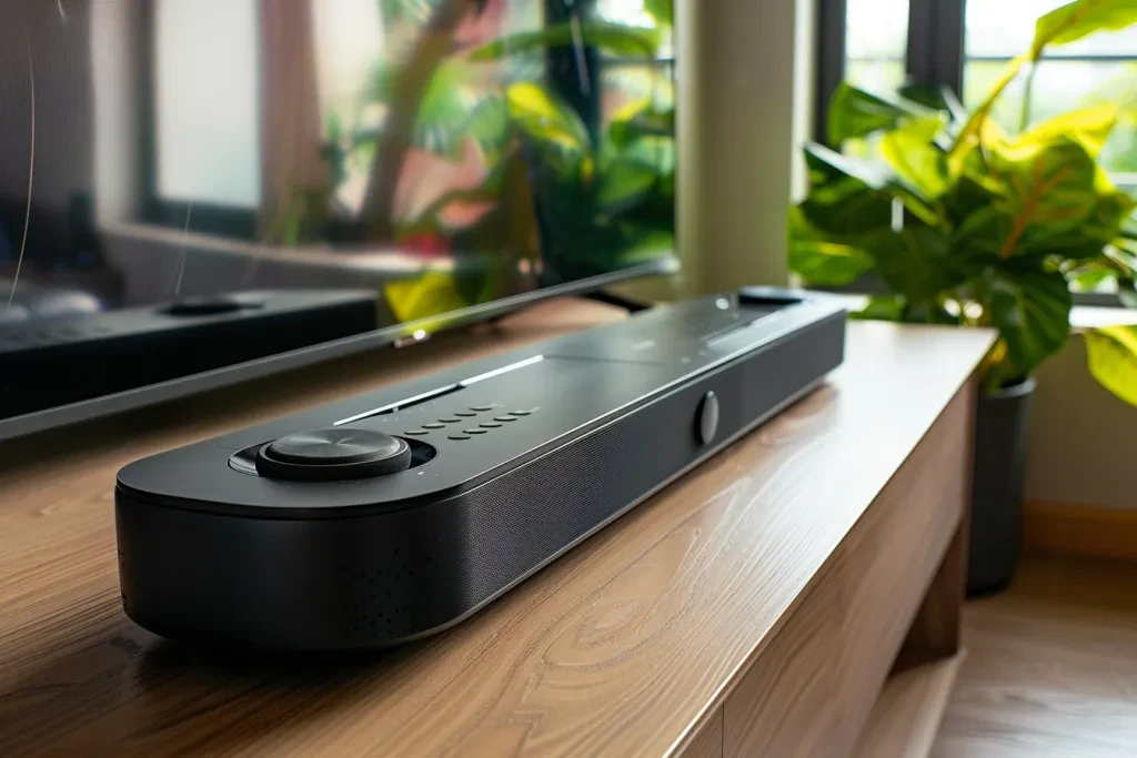 A long, sleek black soundbar