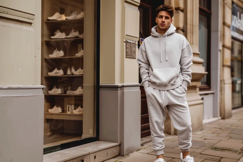 A male model wearing a light grey hoodie