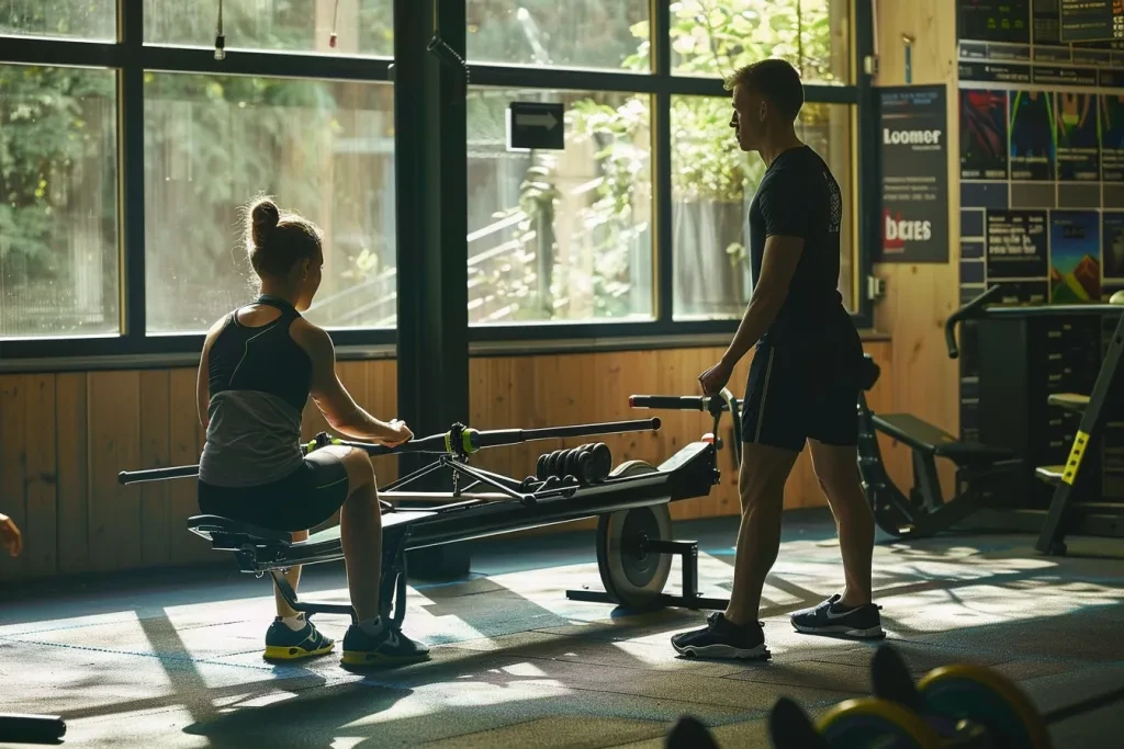 Seorang pria dan wanita sedang melakukan latihan dayung di gym