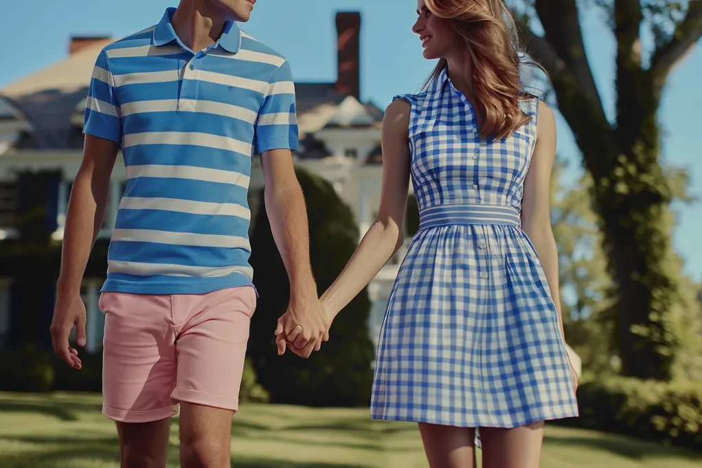 Un uomo con una polo a righe blu e bianche e pantaloncini rosa che si tengono per mano